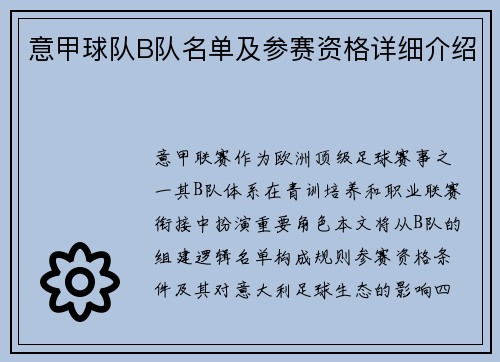 意甲球队B队名单及参赛资格详细介绍